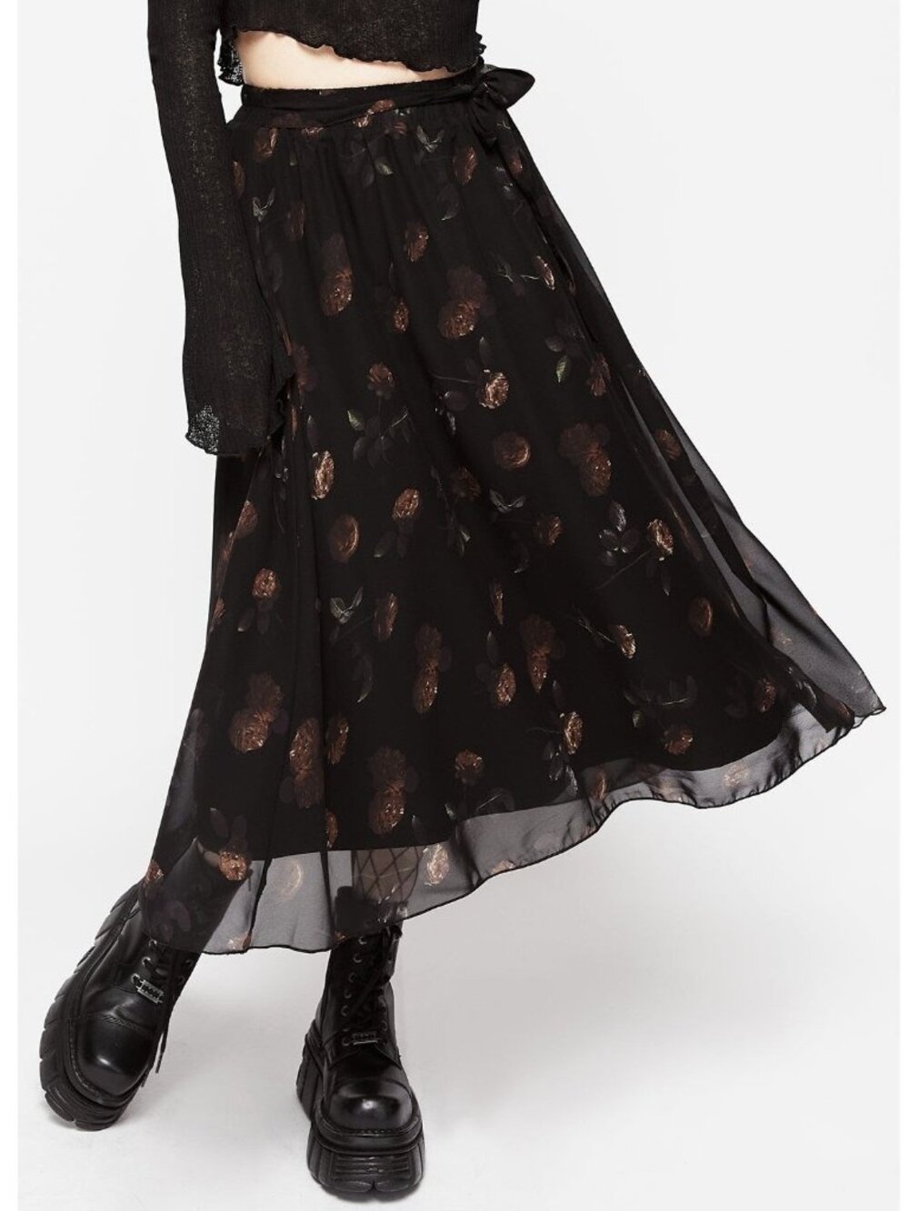 NWT Disturbia Monica Floral Chiffon Midi Skirt w/ Lining Black Floral Size 8 US